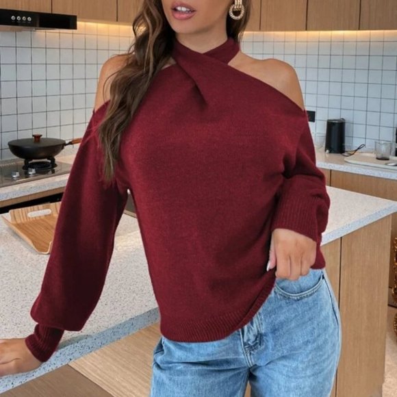 Crisscross Ruched Bishop Sleeve Sweater Burgundy - Picture 2 of 5